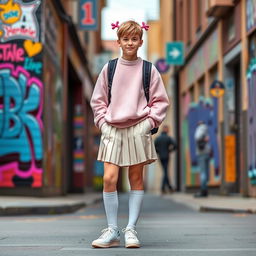 A charming young man wearing an outfit inspired by cute fashion, featuring a pastel-colored oversized sweater, a pleated skirt, and knee-high socks