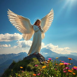 A majestic scene depicting a mountain guardian angel, standing tall on a mountaintop