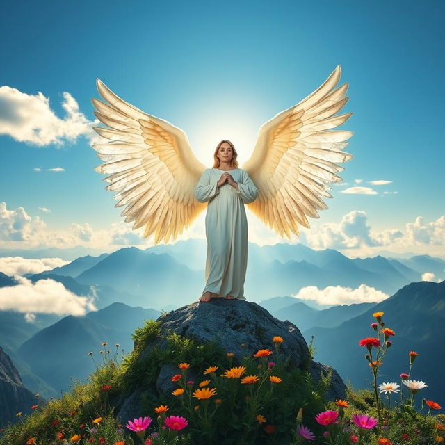 A majestic scene depicting a mountain guardian angel, standing tall on a mountaintop