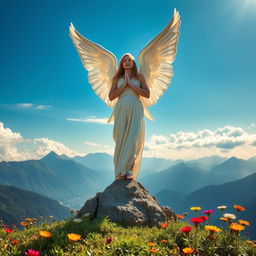 A majestic scene depicting a mountain guardian angel, standing tall on a mountaintop