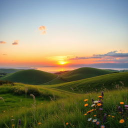 A high-resolution image of a scenic landscape featuring rolling hills and a vibrant sunset in the background