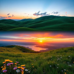 A high-resolution image of a scenic landscape featuring rolling hills and a vibrant sunset in the background