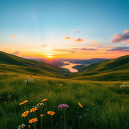 A high-resolution image of a scenic landscape featuring rolling hills and a vibrant sunset in the background