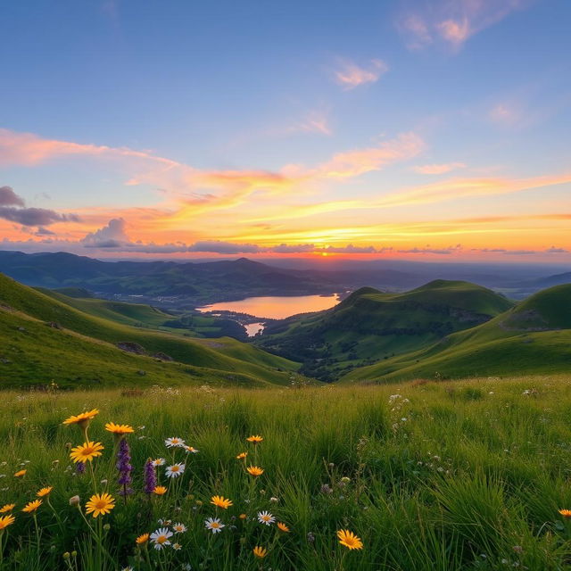 A high-resolution image of a scenic landscape featuring rolling hills and a vibrant sunset in the background