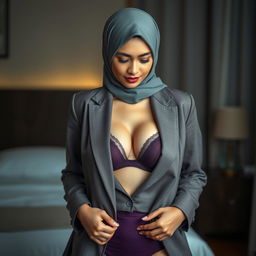 A sensual portrait of a mature Malay woman in hijab, dressed in a formal outfit with all buttons elegantly open, revealing her fabric bra underneath