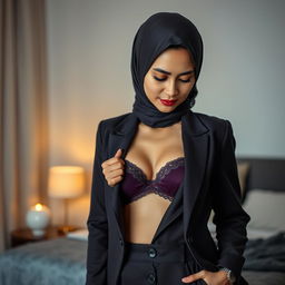 A sensual portrait of a mature Malay woman in hijab, dressed in a formal outfit with all buttons elegantly open, revealing her fabric bra underneath