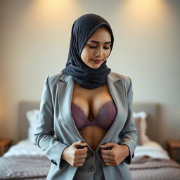 A sensual portrait of a mature Malay woman in hijab, dressed in a formal outfit with all buttons elegantly open, revealing her fabric bra underneath