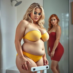 A beautiful, curvy 18-year-old girl with blonde hair and a thin face, combining elements of sexiness and sweetness, stands in a softly lit bathroom