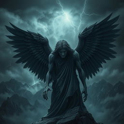 A haunting image of a mountain guardian angel, with a strikingly eerie presence