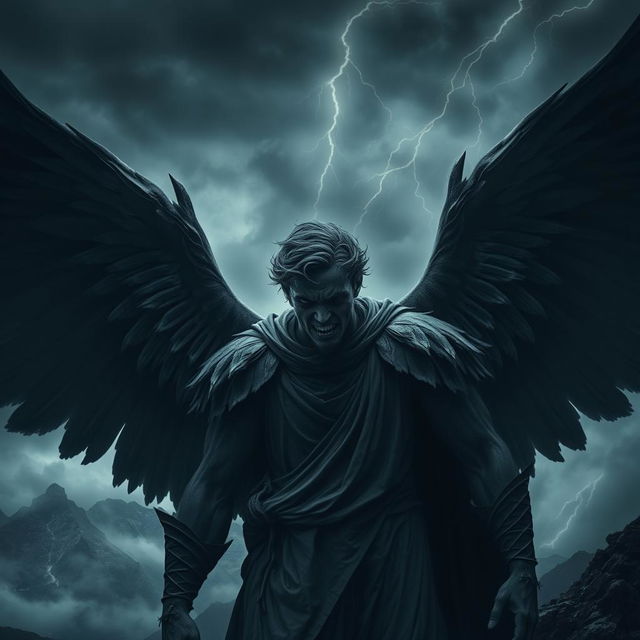 A haunting image of a mountain guardian angel, with a strikingly eerie presence