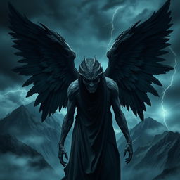 A haunting image of a mountain guardian angel, with a strikingly eerie presence