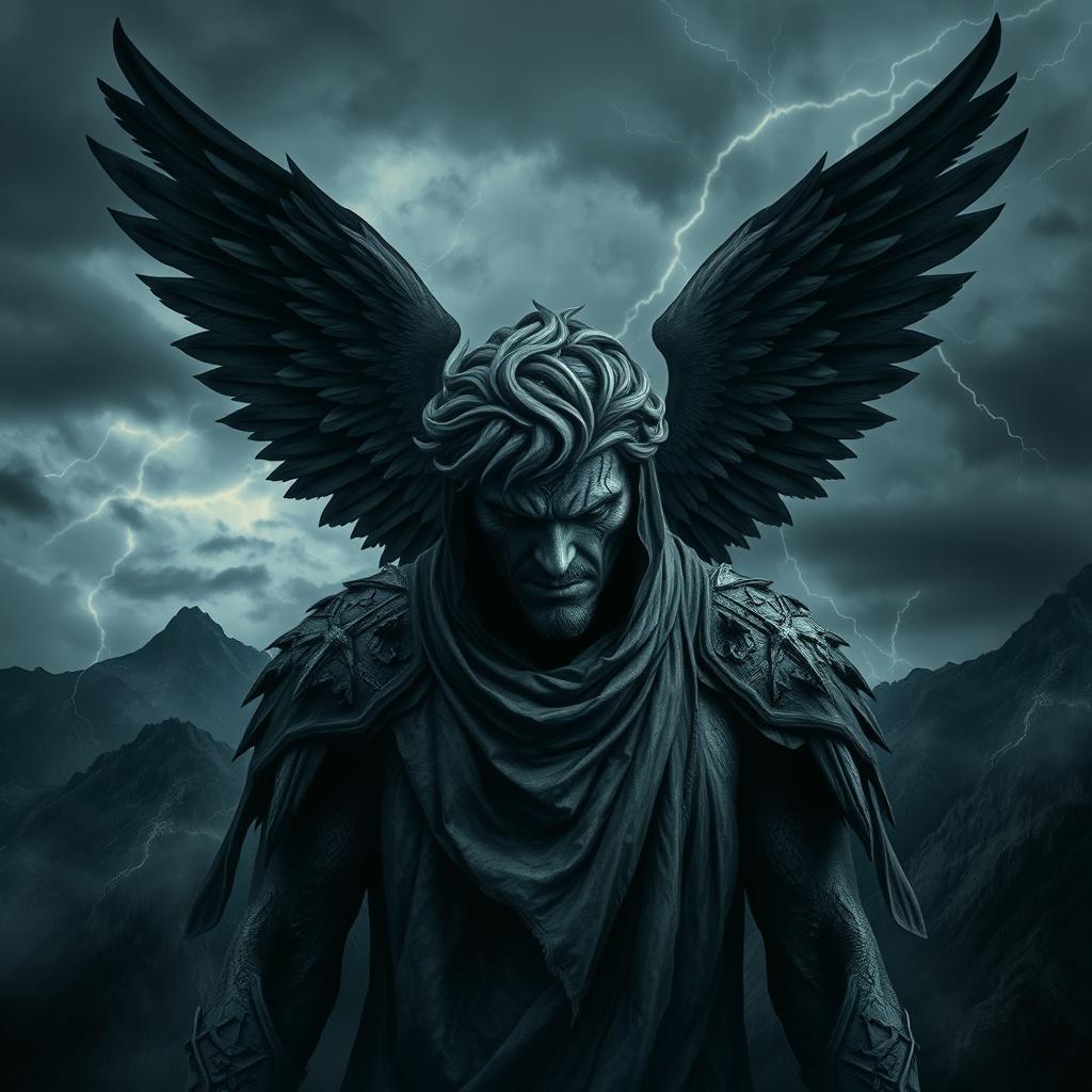 A haunting image of a mountain guardian angel, with a strikingly eerie presence