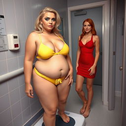 A stunning, curvy 18-year-old girl with blonde hair and a thin face radiates a blend of sexiness and sweetness