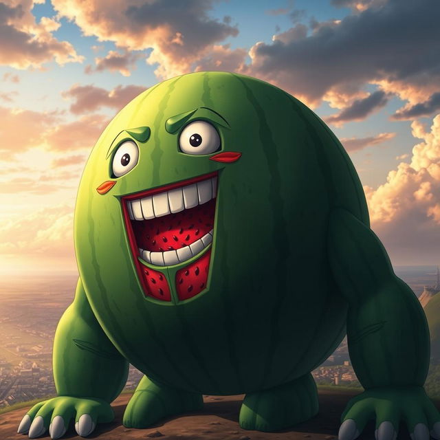 A giant titan in the style of the Attack on Titan anime, resembling a living and talking watermelon
