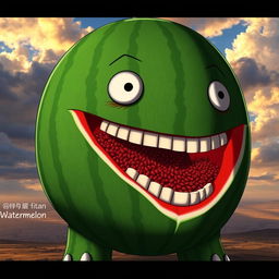 A giant titan in the style of the Attack on Titan anime, resembling a living and talking watermelon