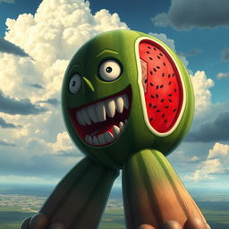 A giant titan in the style of the Attack on Titan anime, resembling a living and talking watermelon