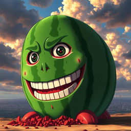 A giant titan in the style of the Attack on Titan anime, resembling a living and talking watermelon