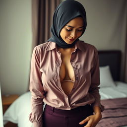 A captivating portrait of a mature Malay woman in hijab, dressed in a formal blouse with all buttons gracefully undone, revealing her delicate bra underneath
