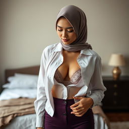 A captivating portrait of a mature Malay woman in hijab, dressed in a formal blouse with all buttons gracefully undone, revealing her delicate bra underneath