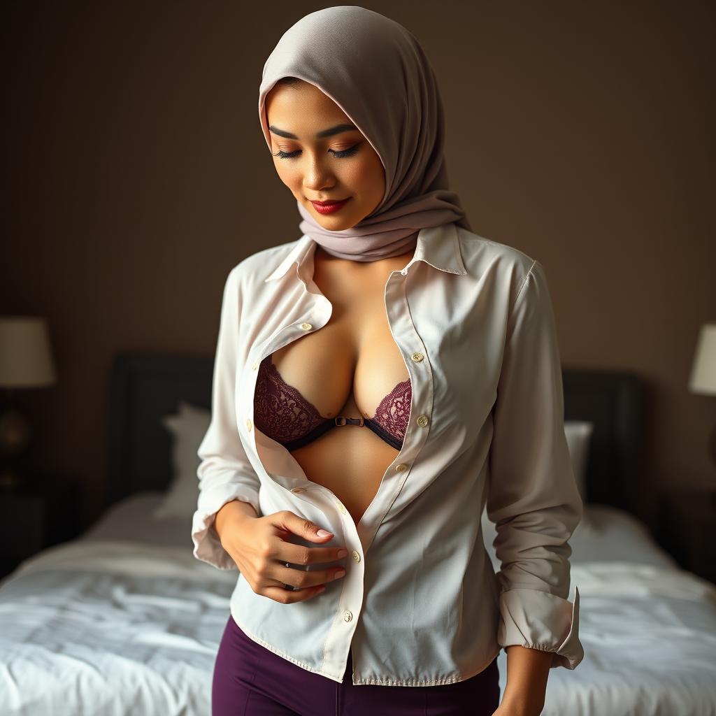 A captivating portrait of a mature Malay woman in hijab, dressed in a formal blouse with all buttons gracefully undone, revealing her delicate bra underneath