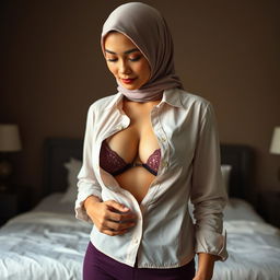 A captivating portrait of a mature Malay woman in hijab, dressed in a formal blouse with all buttons gracefully undone, revealing her delicate bra underneath