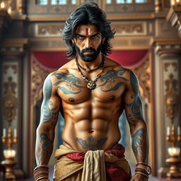 Vikram Singh, a fearless king, showcasing his medium length hair and impressive six-pack abs, adorned with intricate tattoos that flow across his muscular physique