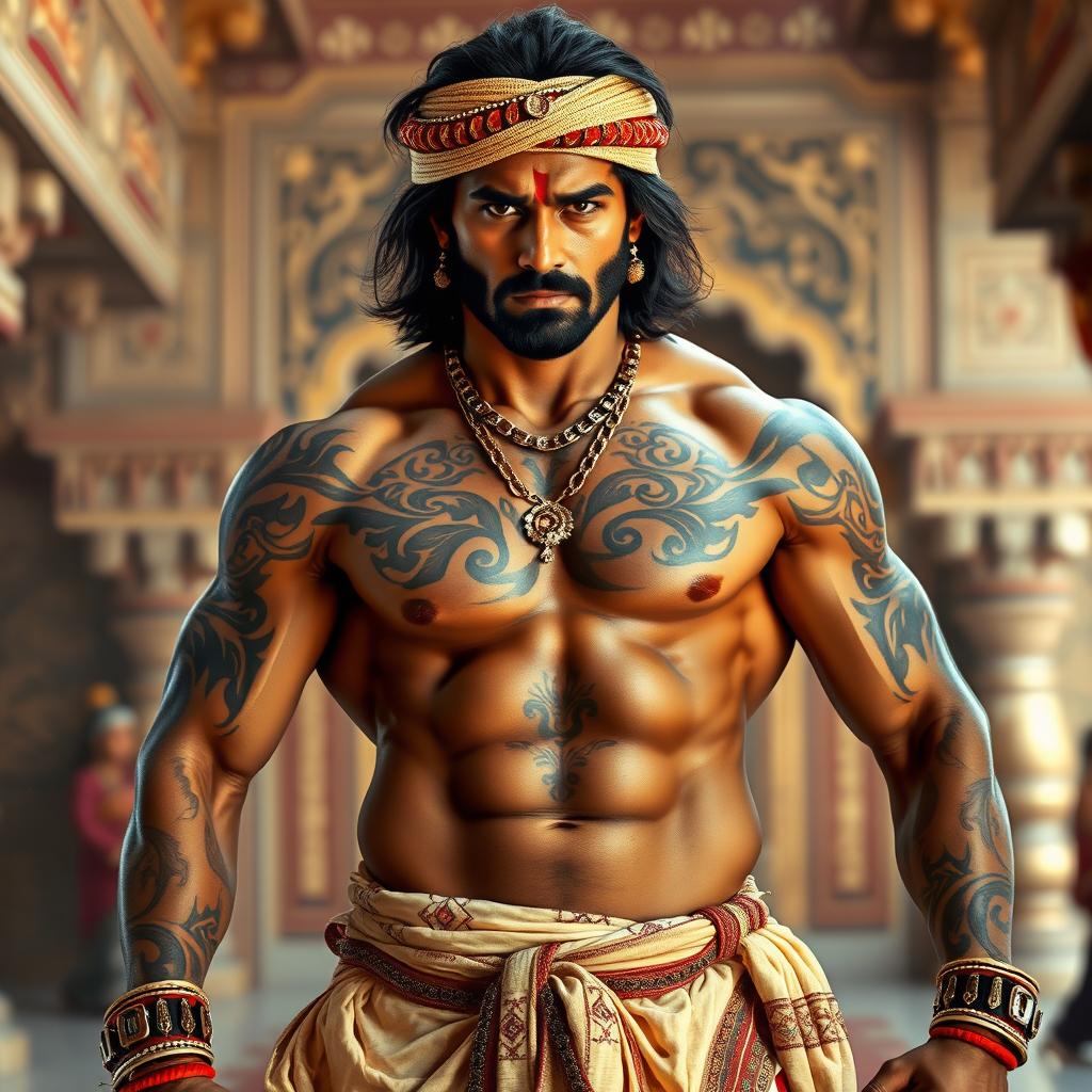 Vikram Singh, a fearless king, showcasing his medium length hair and impressive six-pack abs, adorned with intricate tattoos that flow across his muscular physique