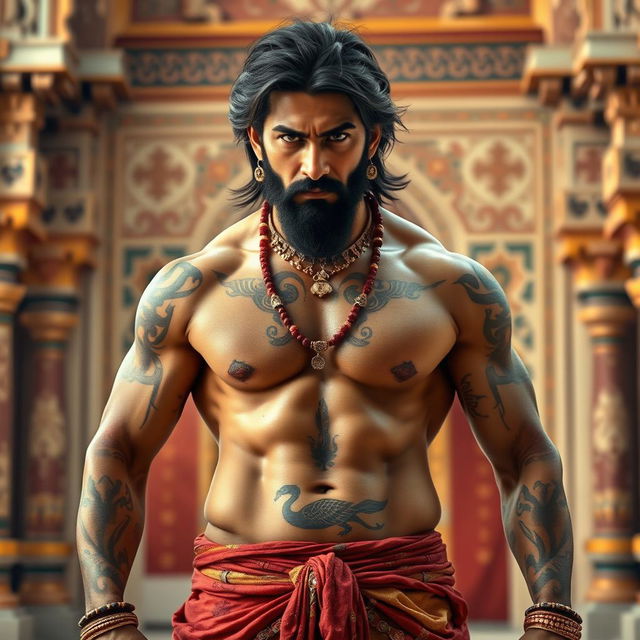 Vikram Singh, a fearless king, showcasing his medium length hair and impressive six-pack abs, adorned with intricate tattoos that flow across his muscular physique