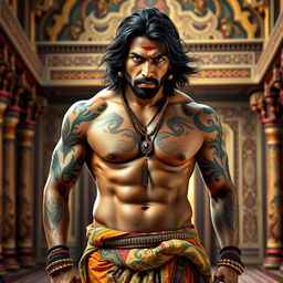 Vikram Singh, a fearless king, showcasing his medium length hair and impressive six-pack abs, adorned with intricate tattoos that flow across his muscular physique