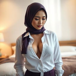 A stunning portrait of a mature Malay woman in hijab, elegantly dressed in a formal blouse with all buttons undone, revealing her delicate bra beneath