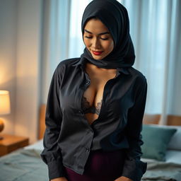 A stunning portrait of a mature Malay woman in hijab, elegantly dressed in a formal blouse with all buttons undone, revealing her delicate bra beneath