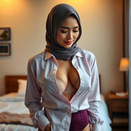 A stunning portrait of a mature Malay woman in hijab, elegantly dressed in a formal blouse with all buttons undone, revealing her delicate bra beneath