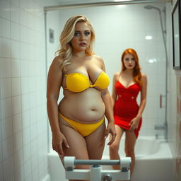 A beautiful, curvy 18-year-old girl with blonde hair and a thin face exudes a mix of sexiness and sweetness, standing in a softly lit bathroom