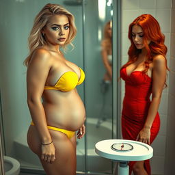 A beautiful, curvy 18-year-old girl with blonde hair and a thin face exudes a mix of sexiness and sweetness, standing in a softly lit bathroom