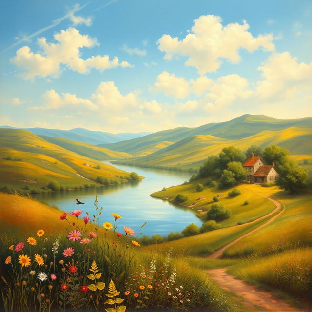 A beautiful old-style painting of a serene landscape featuring rolling hills, a tranquil river, and a clear blue sky