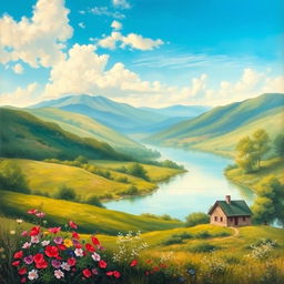 A beautiful old-style painting of a serene landscape featuring rolling hills, a tranquil river, and a clear blue sky
