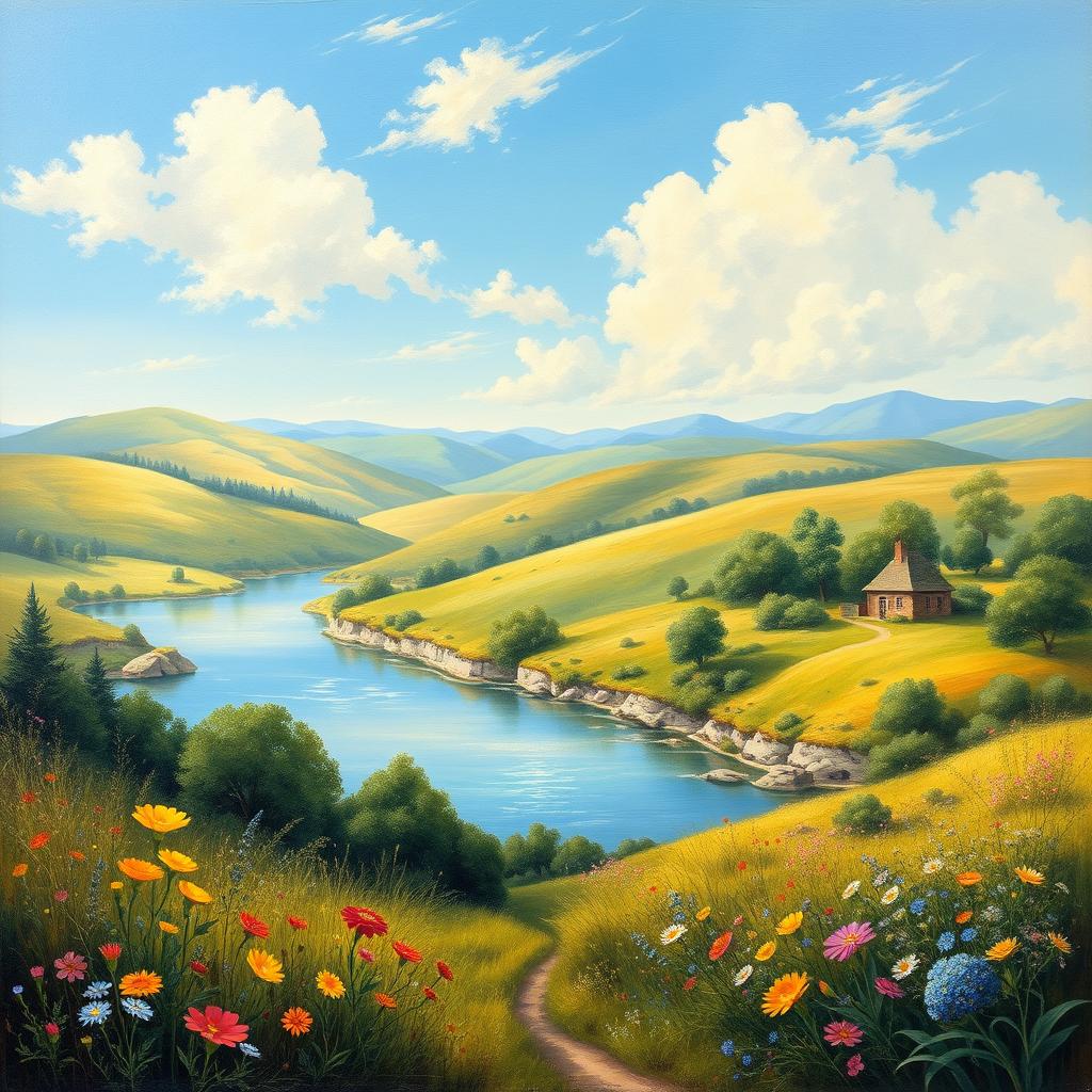 A beautiful old-style painting of a serene landscape featuring rolling hills, a tranquil river, and a clear blue sky