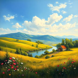 A beautiful old-style painting of a serene landscape featuring rolling hills, a tranquil river, and a clear blue sky