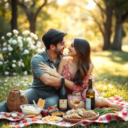 A romantic outdoor scene featuring a young couple cuddling closely, with soft sunlight filtering through the trees
