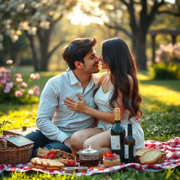 A romantic outdoor scene featuring a young couple cuddling closely, with soft sunlight filtering through the trees