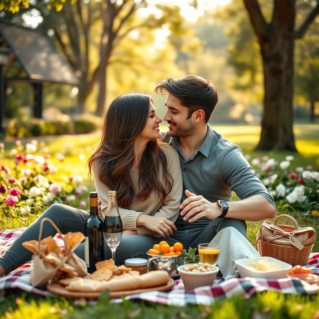 A romantic outdoor scene featuring a young couple cuddling closely, with soft sunlight filtering through the trees