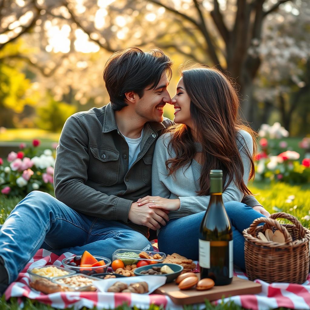 A romantic outdoor scene featuring a young couple cuddling closely, with soft sunlight filtering through the trees