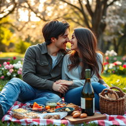 A romantic outdoor scene featuring a young couple cuddling closely, with soft sunlight filtering through the trees