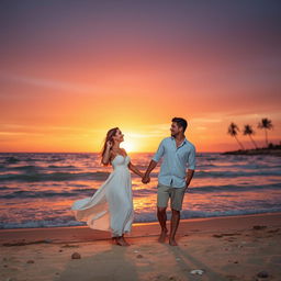 A romantic scene featuring a couple enjoying a beautiful sunset at a beach, holding hands and sharing laughter