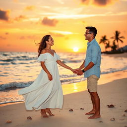 A romantic scene featuring a couple enjoying a beautiful sunset at a beach, holding hands and sharing laughter