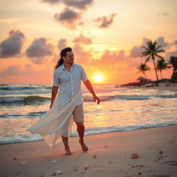 A romantic scene featuring a couple enjoying a beautiful sunset at a beach, holding hands and sharing laughter