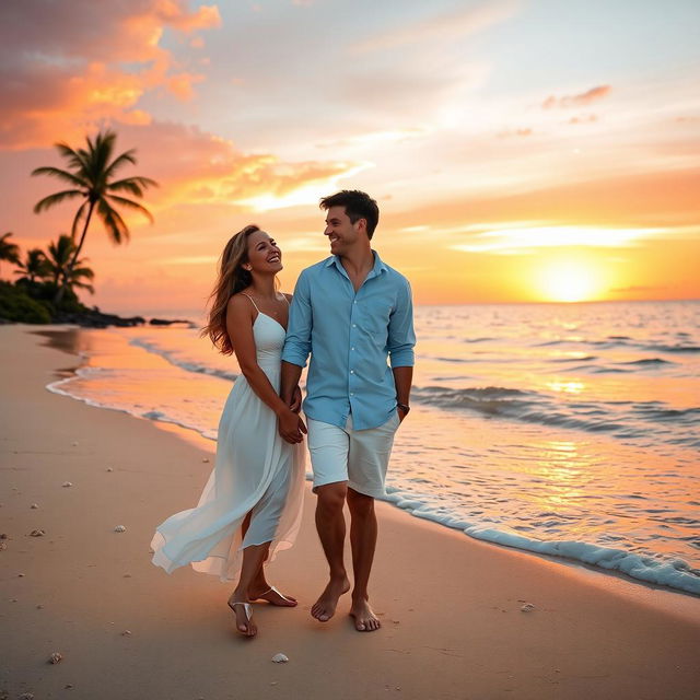 A romantic scene featuring a couple enjoying a beautiful sunset at a beach, holding hands and sharing laughter