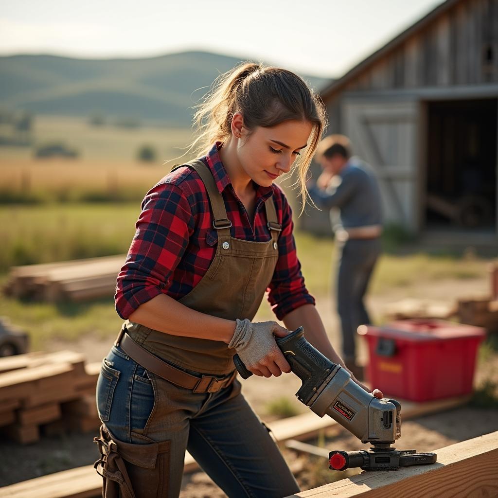 A strong and confident female tradeswoman working in a rural setting, dressed in practical work attire like a flannel shirt, sturdy jeans, and work boots