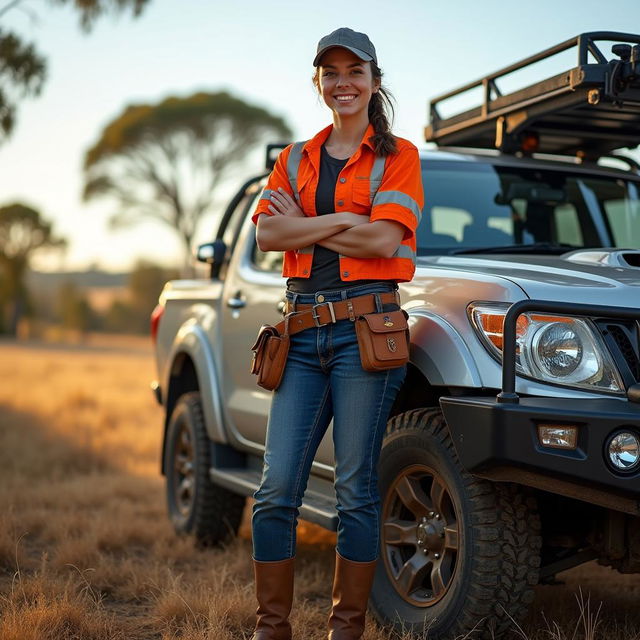 An Australian female country tradeswoman standing proudly next to a rugged off-road car in a rural landscape