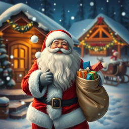 An enchanting depiction of Santa Claus standing joyfully at the North Pole